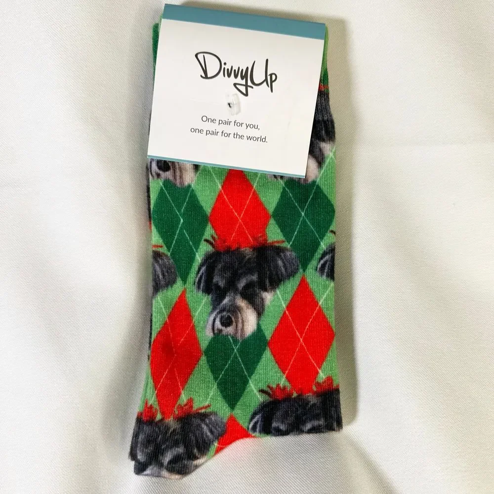 Divvy Up Christmas Socks Scottie Dog Argyle Green Red Holiday Novelty Crew Socks